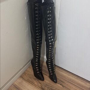 PLEASER Glossy Black Lace-Up Over-the-Knee Boots